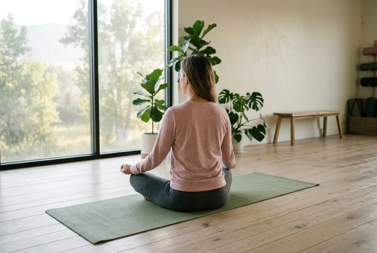 Sitting cross-legged on a sage mat, facing a large window in hazy morning light