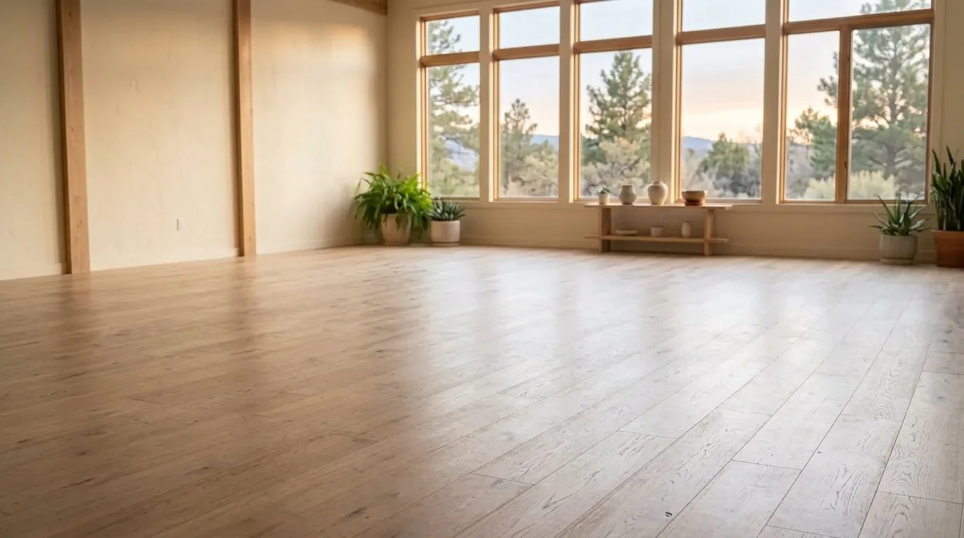 The same studio at dawn, empty, with a bare pale oak floor