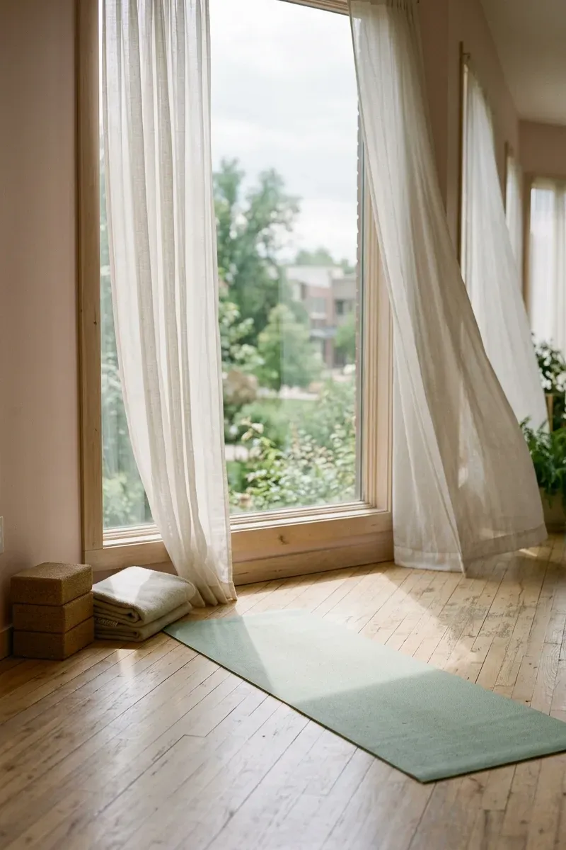 A tall studio window with sheer linen curtains, light falling across an empty sage mat