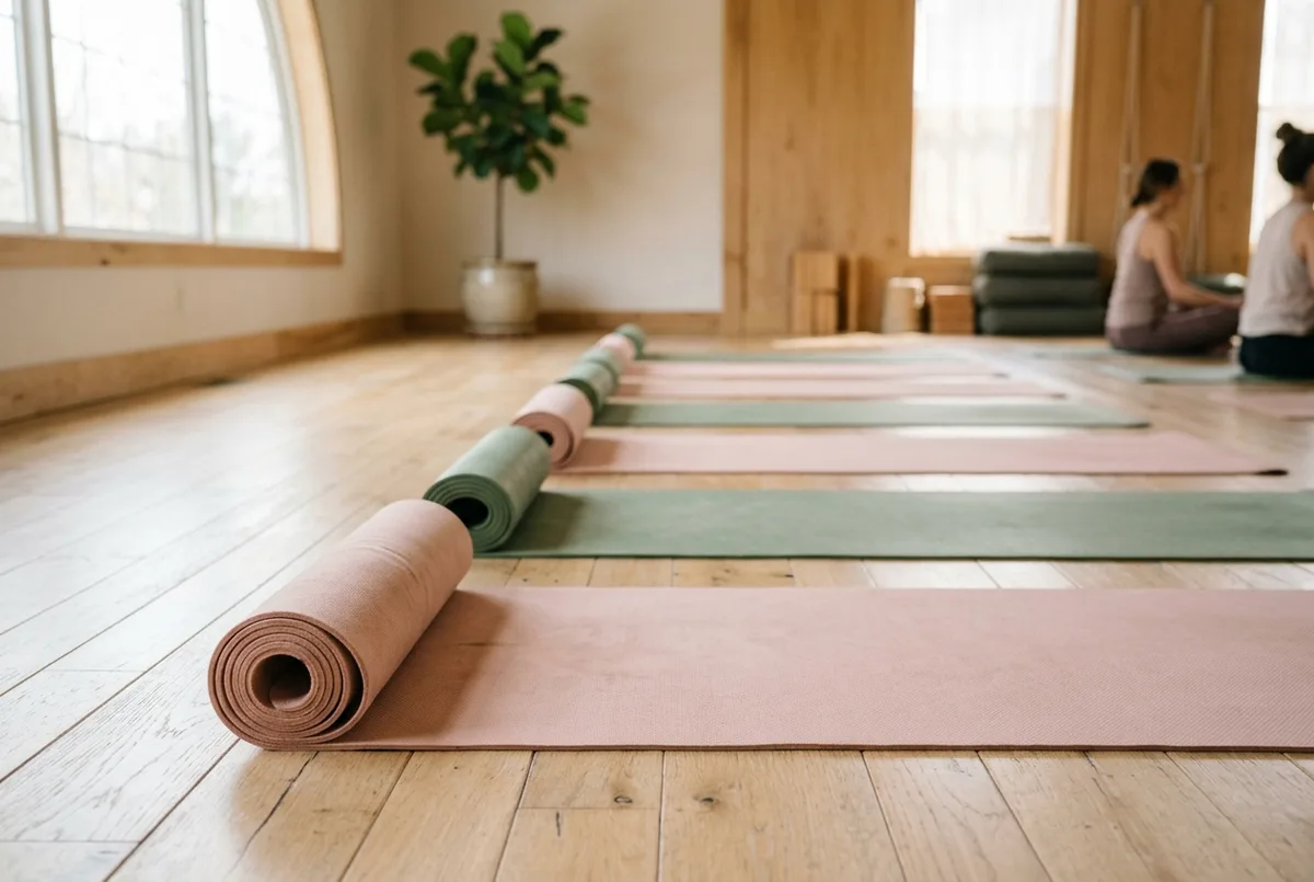 A row of sage and blush mats on a pale oak floor in soft window light