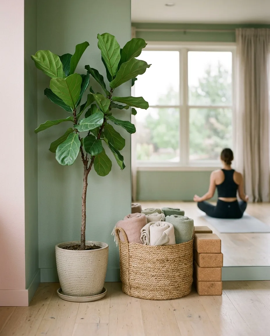 A studio corner with a tall fiddle-leaf plant, a basket of blankets and cork blocks in morning light