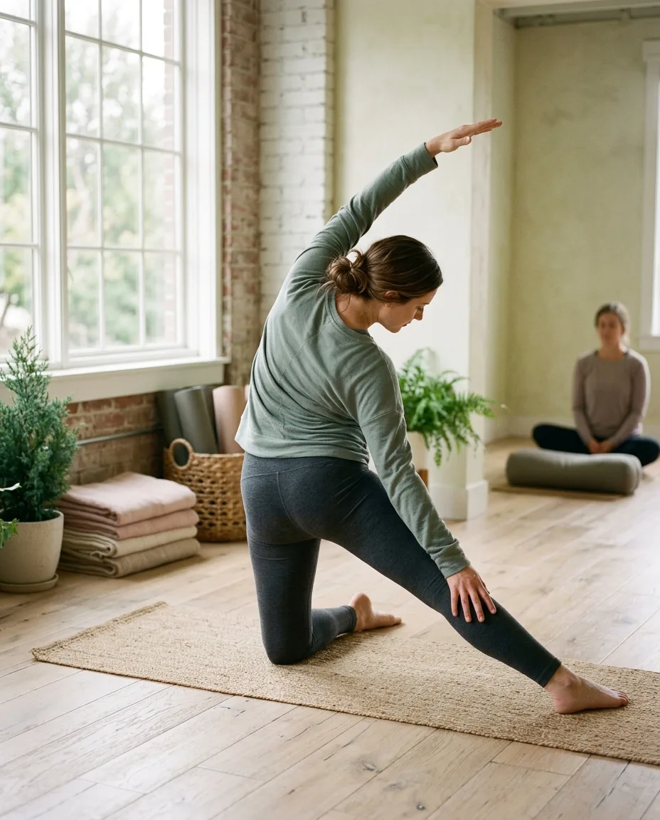A gentle side stretch on a mat beside tall studio windows