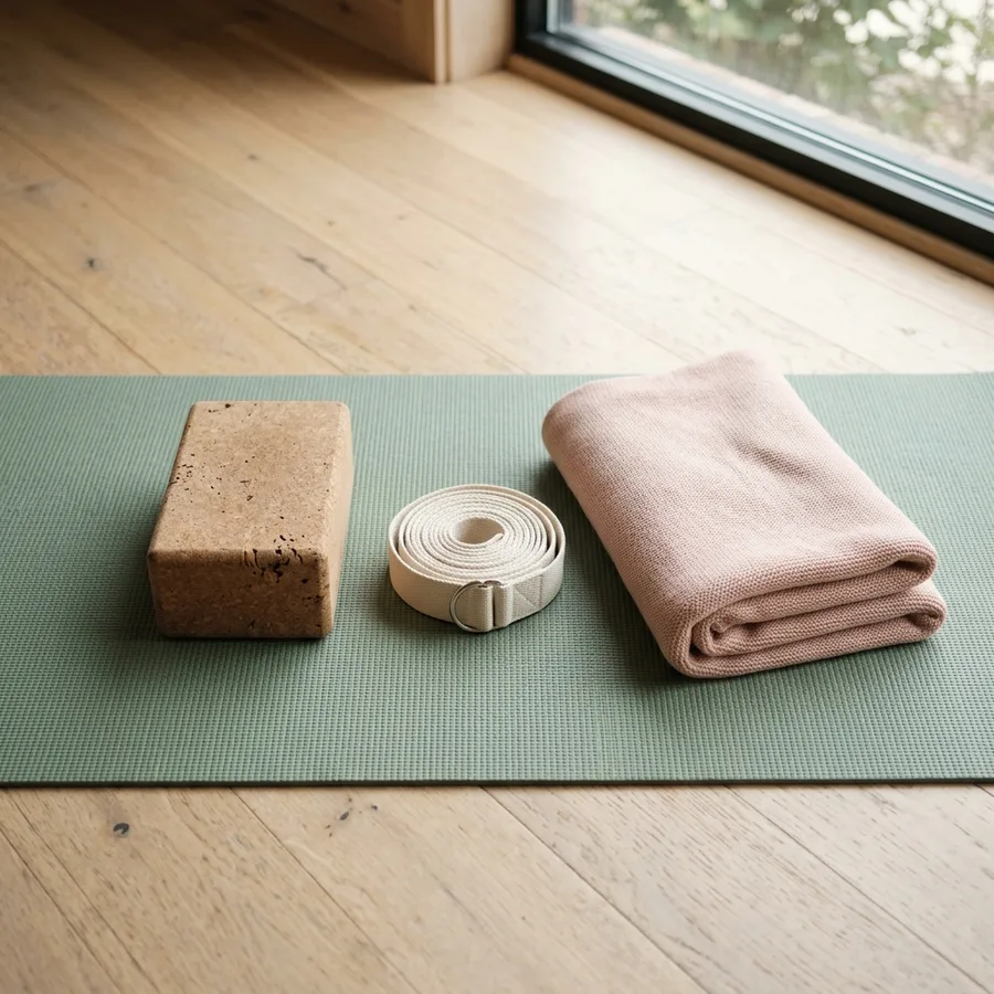 A cork block, a coiled cotton strap and a folded blush blanket on a sage mat