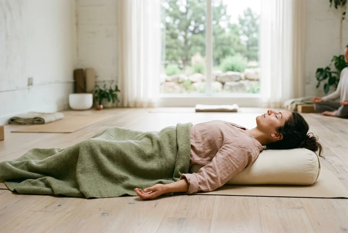 A restorative pose over a bolster, a sage blanket across the legs, very soft light