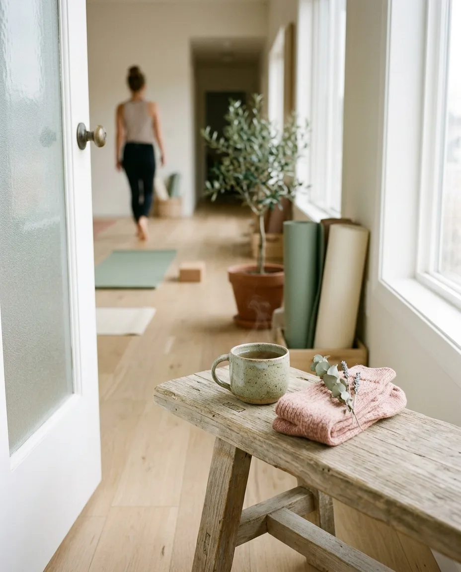 A wooden bench by the door with a cup of tea and folded socks in soft afternoon light